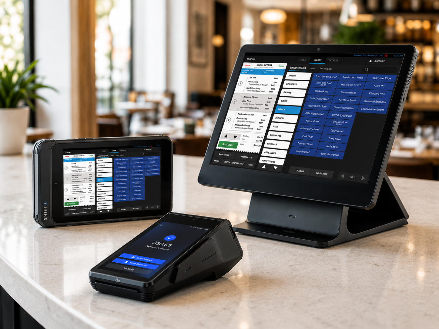 Modern restaurant POS terminal, receipt printer, and payment device on a restaurant counter